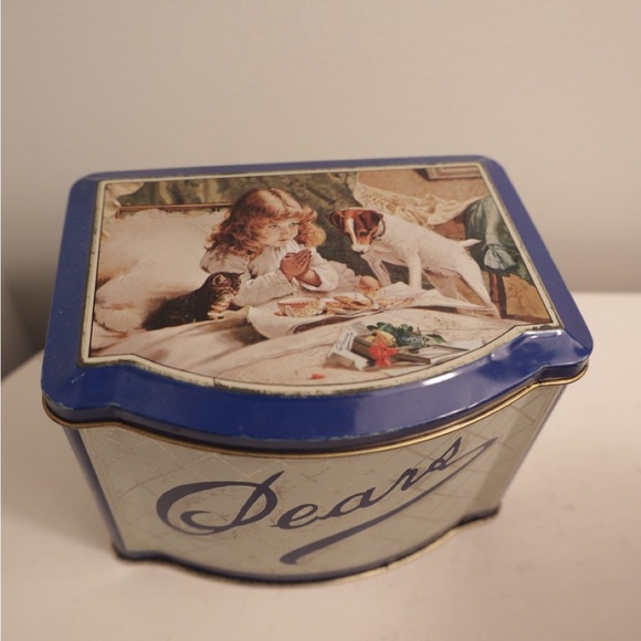 Vintage Blue Decorative Tin Box Pears tea tin kitchen storage kitten puppy child - Picture 1 of 6